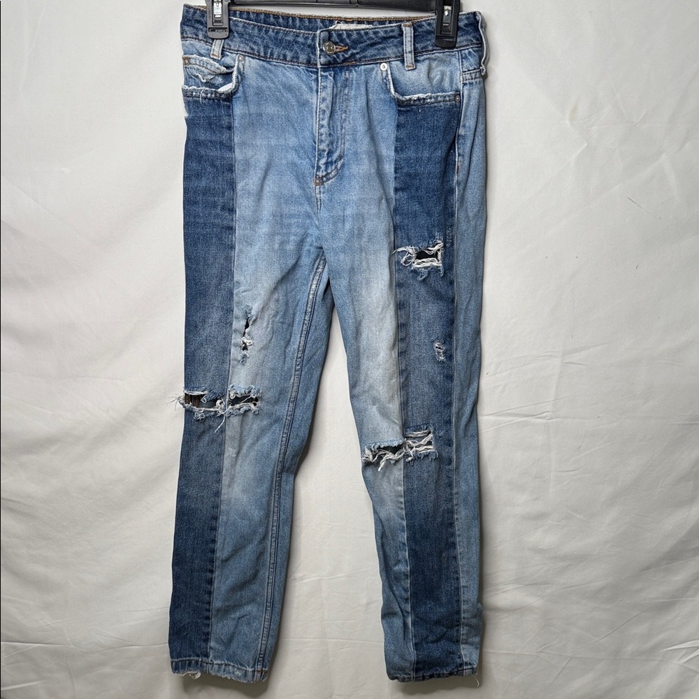 Free People 2 tone distressed front seam high rise skinny jeans sz 26